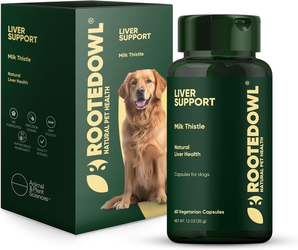 Rooted Owl Liver Unterstützung für Hunde - Natural Liver Health Supplement - Milchdistel für Hunde - Vegetarische Kapseln - 60/ct