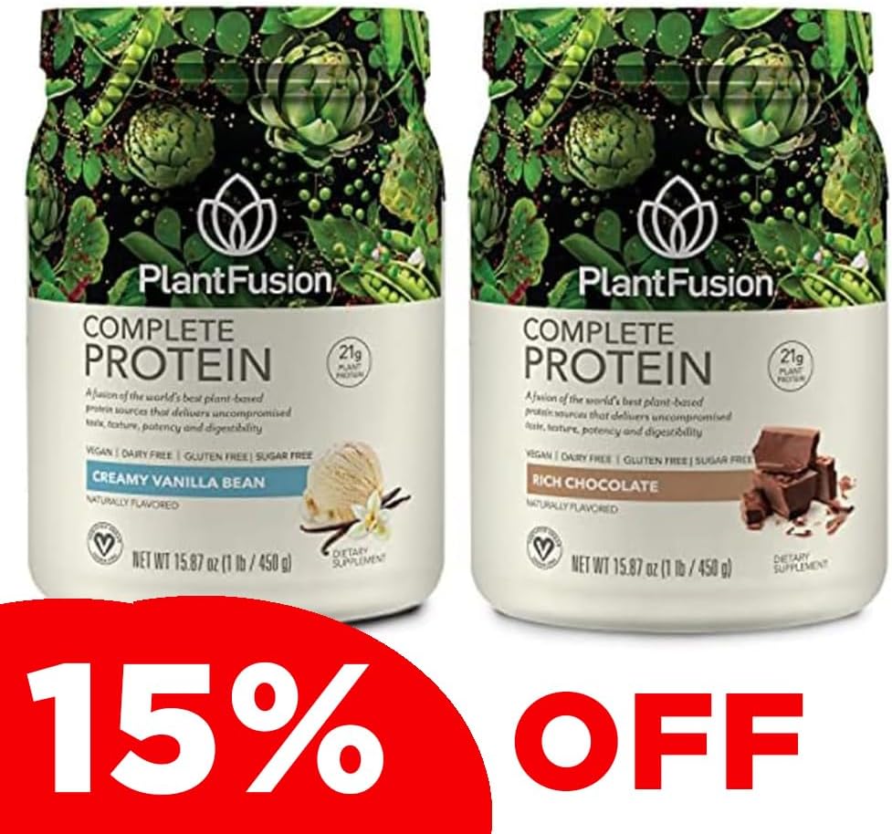 PlantFusion Complete Plant Based Pea Protein Powder Bundle, Non- GMO, Vegan, Dairy Free, Gluten Free, Allergy Free w / Digevival Enzymes, Dietary Supplemen, Vanilla Bean and Chocolate 1 Pound