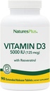 Príroda Plus vitamín D3, rozšírené uvoľňovanie - 90 Vegan Tablety - 5000 IU + 25 mg Trans- Resveratrol - zdravie srdca a kostí, podpora imunitného systému, anti-Aging - bez lepku - 90 Servisov