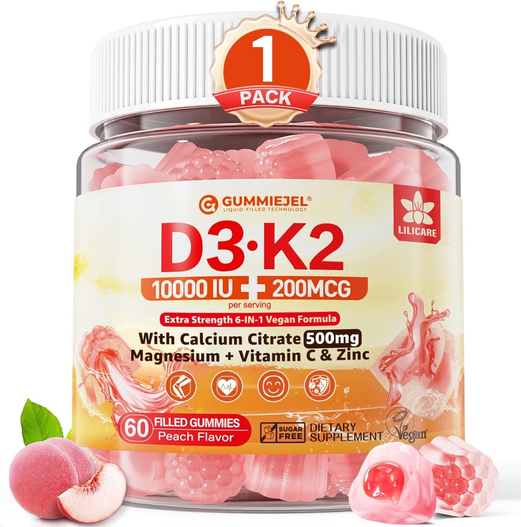 Vitamina D3 K2 Gillies 5000IU / 10.000 IU amb 500mmg Calci + K2(MK- 7) 200mg, Magnesi, Vimina C i Zinc, Força extra - Absorciència per Bones, Muscles, Teeth Vegan, 60 (Pack of 1)