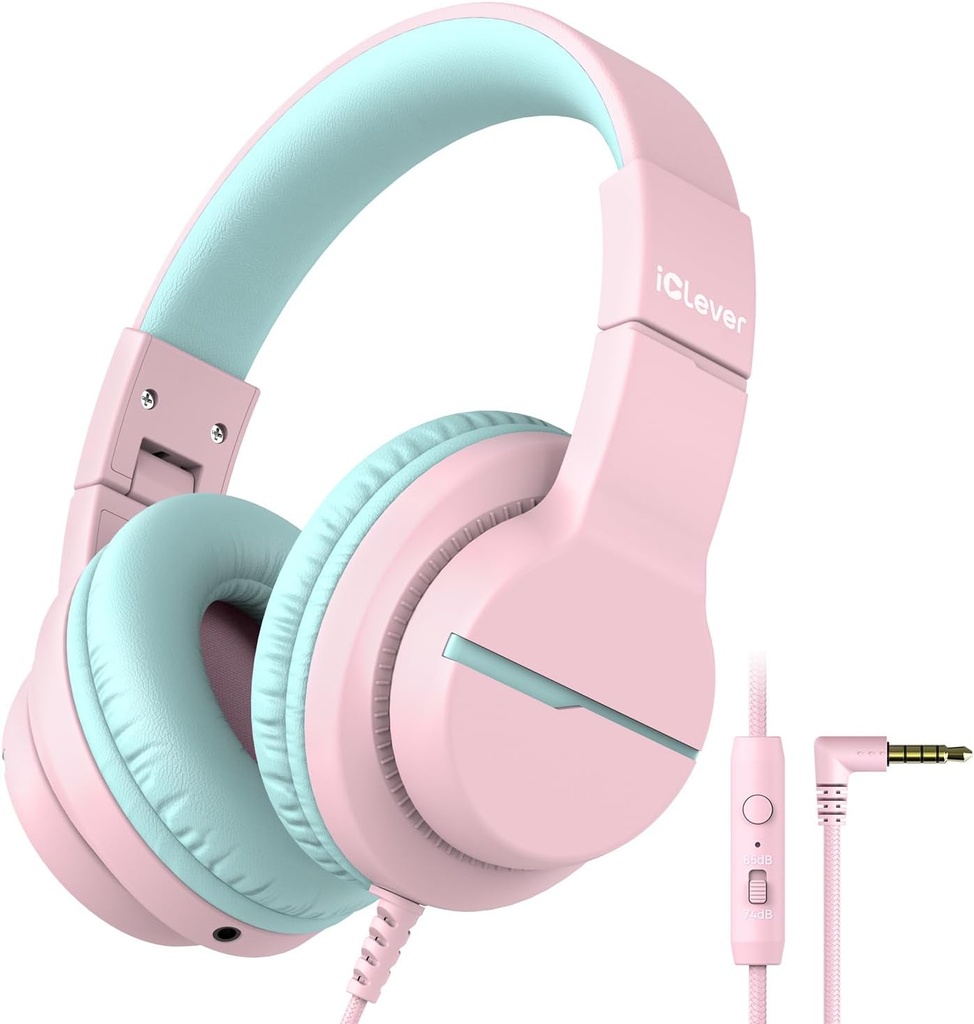 iClever HS19 Dětská sluchátka s mikrofonem pro školu, Safe Volume Limited, Over- Uar Girls Boys sluchátka pro děti se Shareport, skládací Wired pro iPad / Travel (Pink)