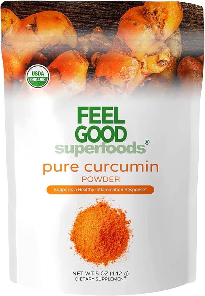 FEEL GOOD Superfoods Pure Curcumin Powder, Organic, Non-GMO, Vegan from Bulk Ground Turmeric Root no Indijas, Curcuma Longa Lopplement, 5oz