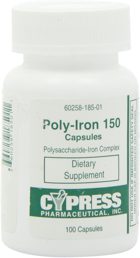 Dietary Supplement - Poly Iron Capsules 150 mg (100 caps per bottle) by Cypress Pharmaceutical #185-01 (1 Bottle of 100 Caps)