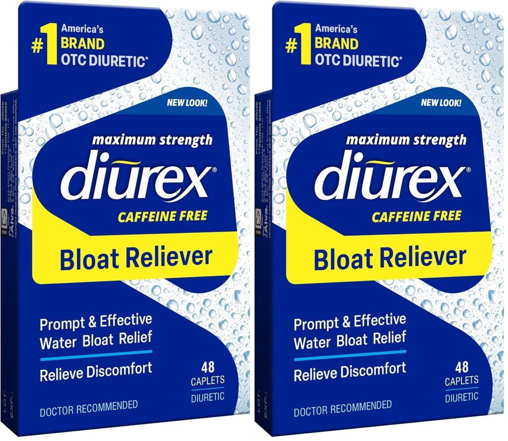 Diurex Caffeine-Free Bloat Relief, Maximum Strength, Relieve Water Bloat Discomfort, Up to 6 Hours of Relief, 48 Count (Pack of 2)