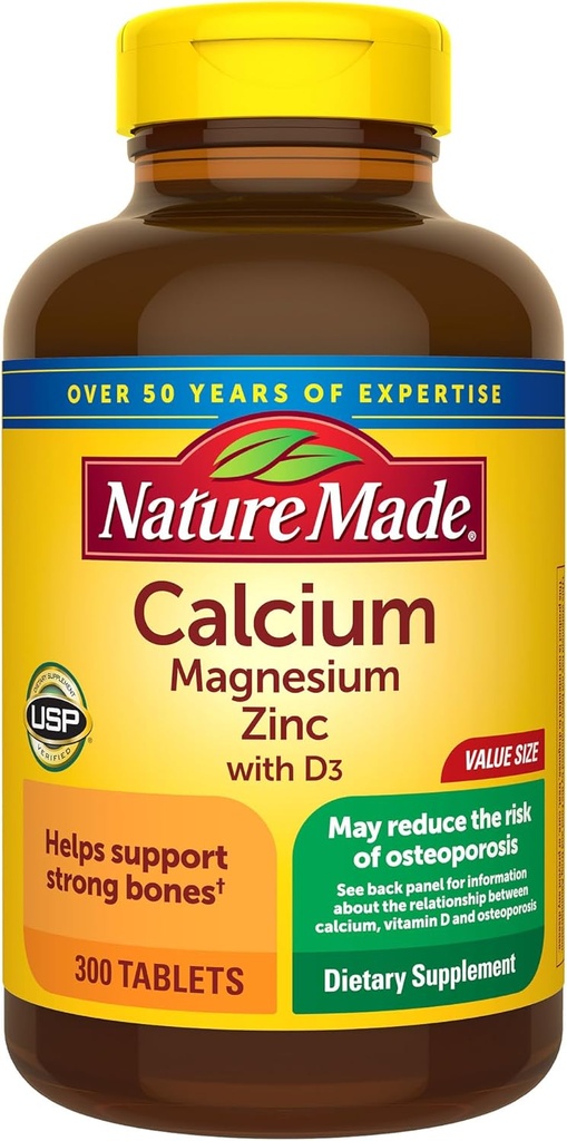 Nature Made Calcio Magnesio Zinc con vitamina D3, Suplemento dietético para el soporte de huesos, 300 Tabletas
