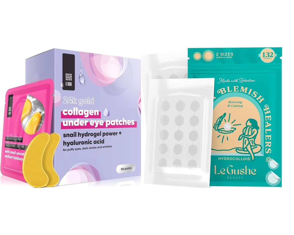 LE GUSHE Pimple Patches for Face (132 puntos) & Under Eye Patches (30 pares). Máscara de ollos de ouro con coláxeno e ácido Amino, coidados de ollos fríos para Wrinkles, ollos Puffy e círculos escuros