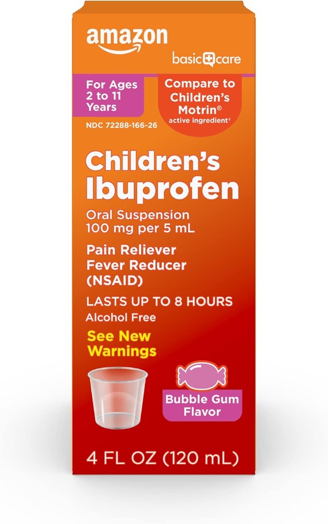 Basic Care Children's Ibuprofen Oral Suspension, 100mg, Bubblegum, 4 fl oz (Pack of 1)