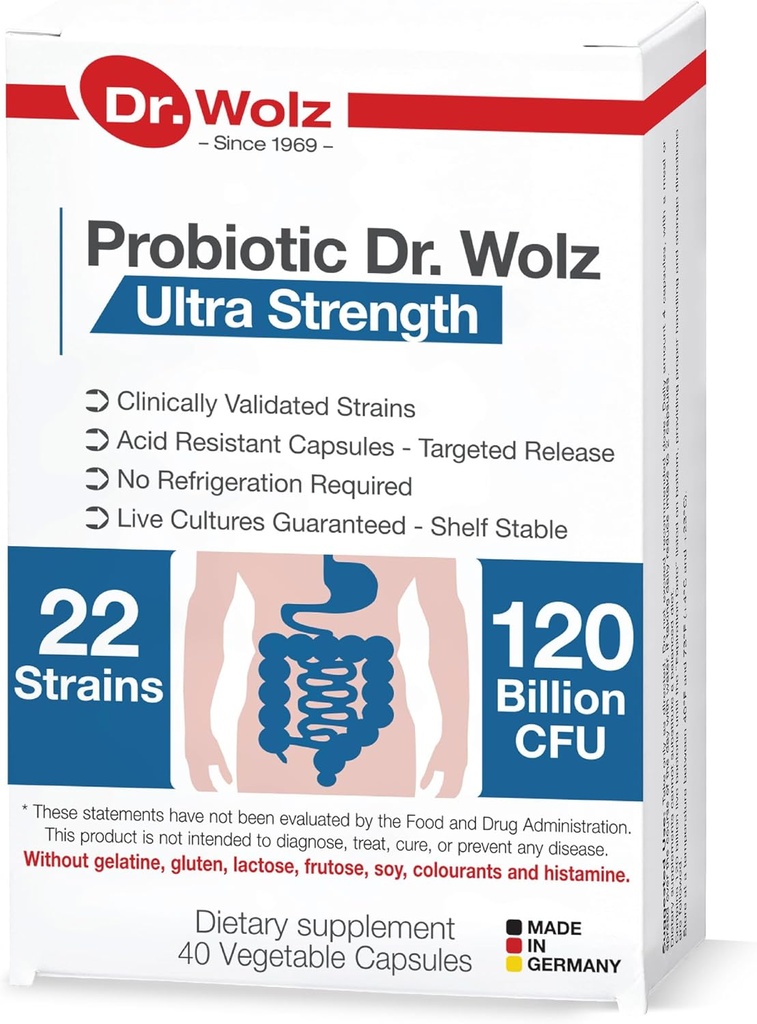 Német Premium napi probiotikumok nőknek és férfiaknak, 120 milliárd CFU - 22 Strains, Vegan Probiotic Capsules for Gut, and Digestive Health Support Supplement, Target Release Pill Forma 40 Cout