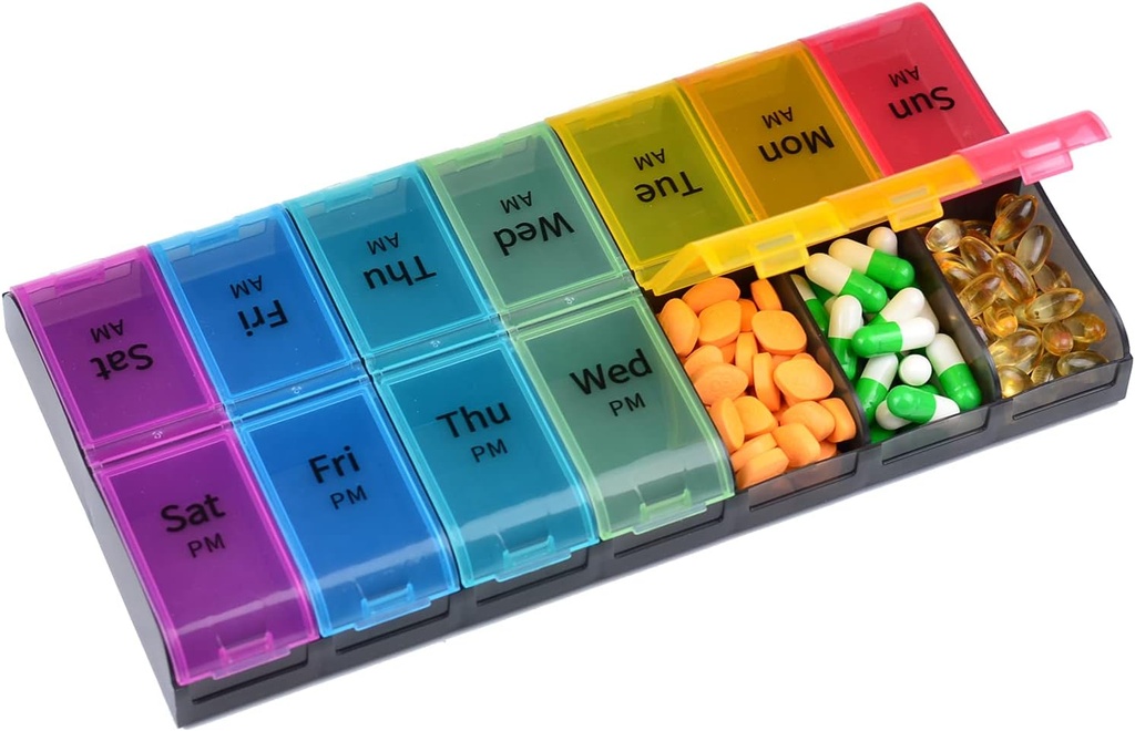 Grote capaciteit Wekelijkse pil Organisator, 7 Dag 2 Tijden Een dag Grote Compartments Pillen Cases, AM/PM BPA-vrije pil Box Ontwerp voor vitamines Visolie Supplementen Artritis Vriendelijke (Rainbow)