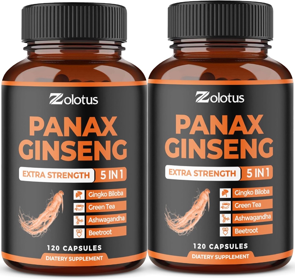 Zolotus Red Panax Ginseng + Ginkgo Biloba, Ashwagandha, Beetroot, té verde - 120 cápsulas