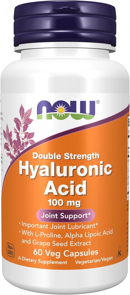 MAINTENANT compléments alimentaires, acide hyaluronique 100 mg, double résistance avec L-Proline, acide alpha lipoïque et extrait de graines de raisin, 60 capsules de légumes