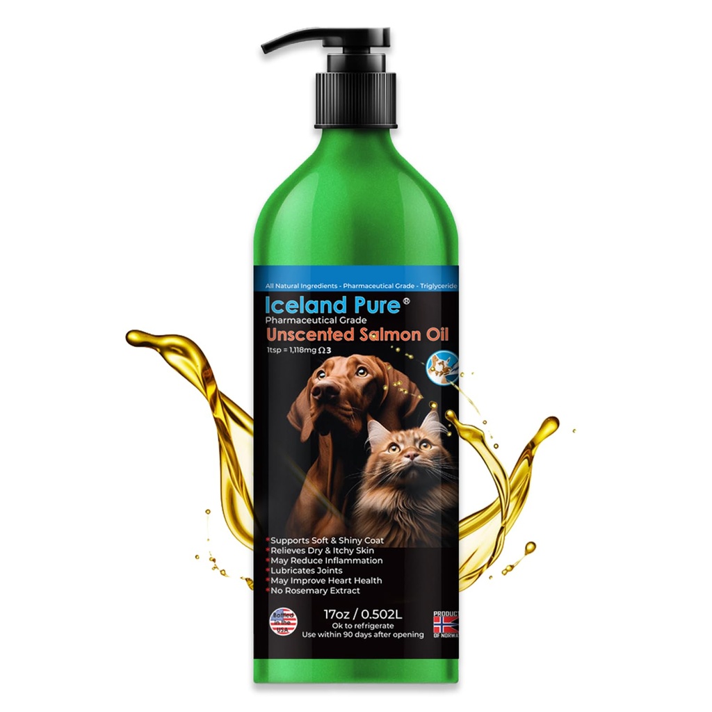Iceland Pure Salmon Oil | Unscented Pharmaceutical Grade | 1118mg of Omega-3 per teaspoon | Liquid Food Supplement For Dogs and Cats | BPA-Free Brushed Aluminum Epoxy coated Bottle with Pump 17oz