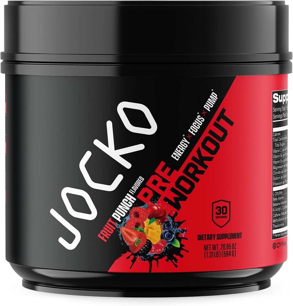 Jocko Fuel Pre Workout für Männer und Frauen - High Stim Low Sugar Blend mit Beta Alanine + L-Citrulline, Unterstützung Muskelpumpe, Energie, & Recovery, 200mg Koffein Fruit Punch, 30 Servietten 1.31lbs (594 G)