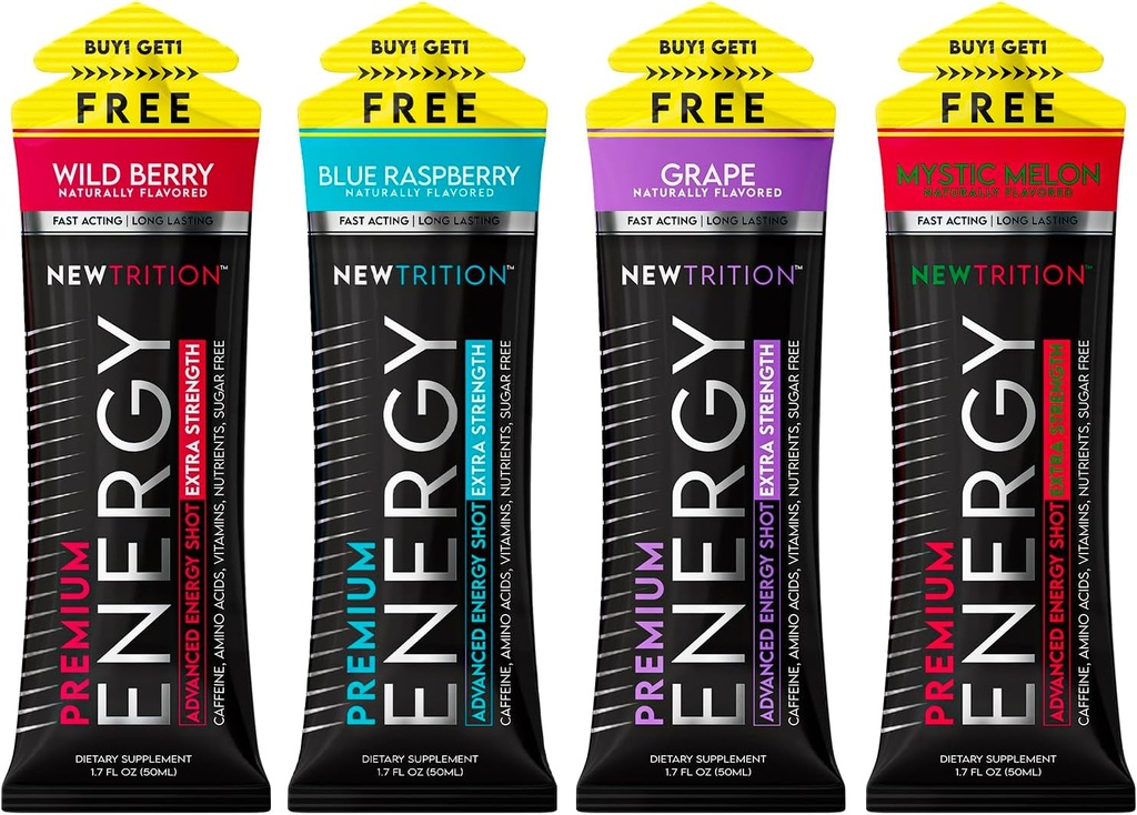 NewTritions Proup Proating Proups 250 mmg Caffeine eneration with วิตามิน บี และ อะมิโน คาร์โบไฮเดรต, Sero Calorie Fot and Stamina Booster, 1.7 flooz (back of 4, 4 Fravers-Mixed-1).