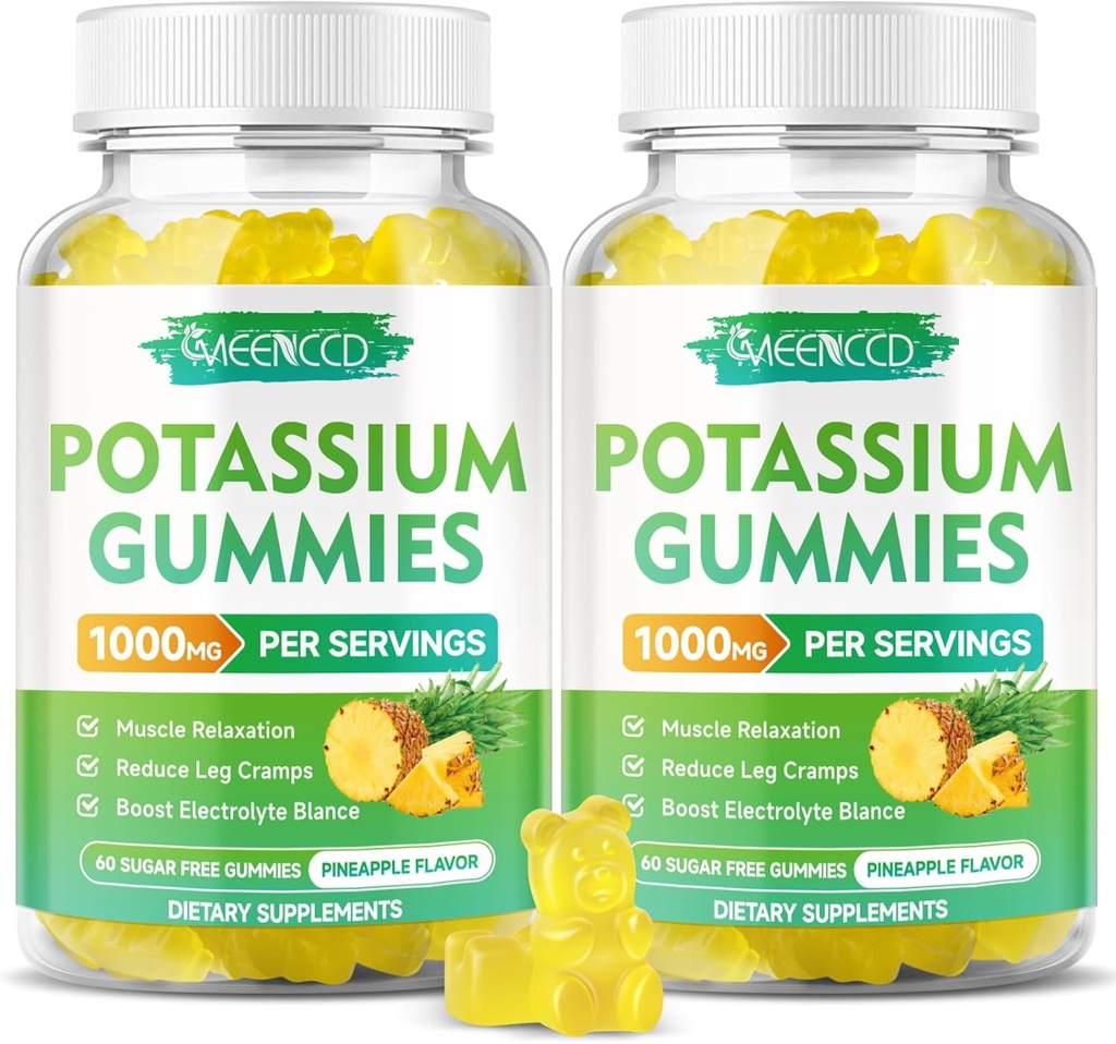 Potasio Citrate Gummies 1000mg, Alta Potencia Potasio Suplemento Gummies para Adultos Mujeres &amp; Hombres, Apoyo Leg Cramps & Muscle Health, Sugar-Free, Pineapple Flavor, 120 Condes