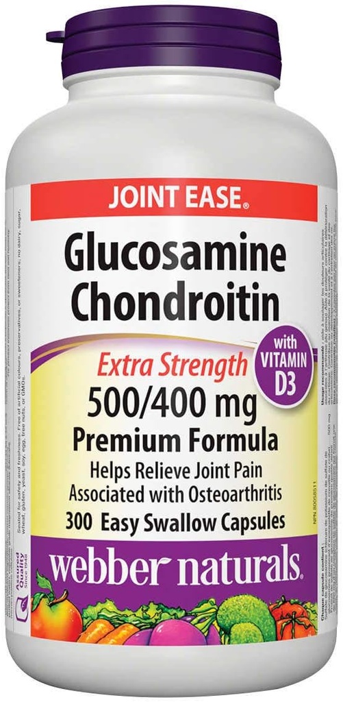 Webber Naturals Glucosamin Chondroitin mit Vitamin D3, extra Stärke, 500/400 mg, Premium Formel, 300 Einfache Schluckkapseln