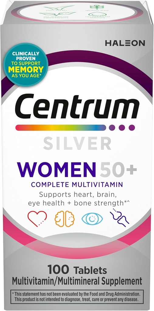 Centrum Silver Naiste multivitamiin naistele 50 Plus, multivitamiini / multimineraalne toidulisand D3-vitamiiniga, B-vitamiinid, mitte-GMO koostisosad, toetab mälu ja tunnetust vanematel täiskasvanutel - 100 Ct