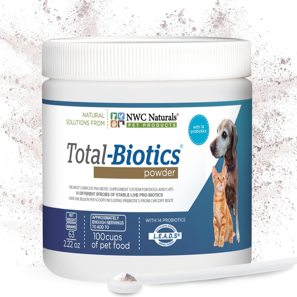 NWC Naturals Total-Biótica, Gato & Dog Probióticos para a Saúde Digestiva com Prebiótico, Probiótico sem sabor para cães e gatos, Suplemento para Gut, Pele, Revestimento, Estômago Alívio, 100 Servings, 2,22 Ounces