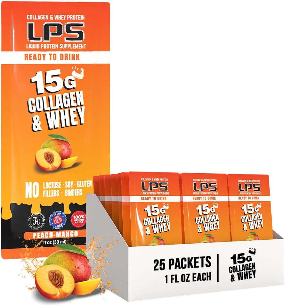 LPS Liquid Collagen " Whey Protein supplement - Non-GMO Drink, Sugar-Free - Promotes Healthy Skin ' Hair for Men " , Peach Mango, single Serve (25 Packets)