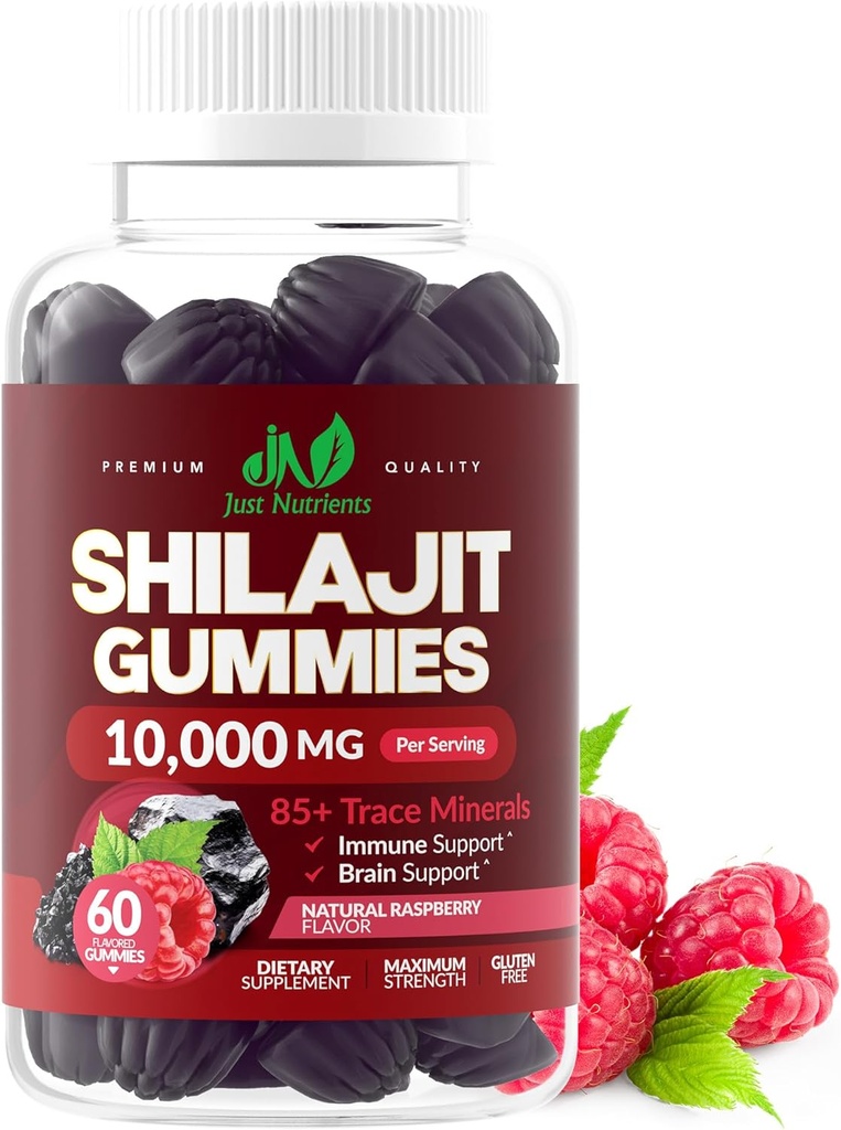 Shilajit Gummies 10,000mg pro muže a ženy - Maximální síla Čistá Himalayan Shilajit, gluten- Free, Non-GMO, 100% Vegetarian - Přírodní Raspberry Flavor - 60 Počet