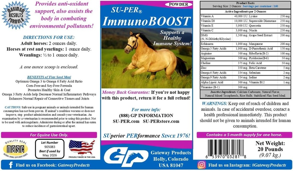 SU-PER ImmunoBOOST Cavalo Anti-Oxidante Suplemento - Suporta Sistema Imune e Deficiências Nutricionais - Vitaminas E & C, Extrato de Sementes de Uva, Extratos de Ervas - 20 Libras, 5 Mês de Abastecimento
