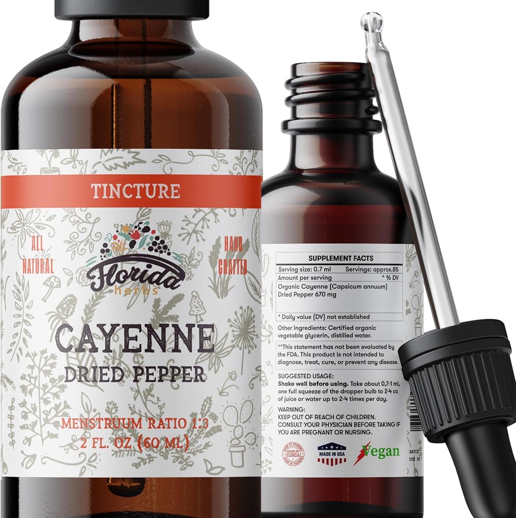 Cayenne tinktuuriekstrakt, orgaaniline Cayenne (Capsicum annuum) Kuivatatud pipar - taimne glütseriin - GMO-vaba - 2 oz