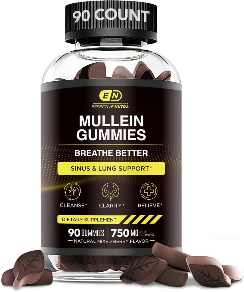 EFFECTIVE NUTRA 9in1 Mullein Gummies | Lung and Sinus Support for Cleanse, Clarity and Relief | Vegan, Gluten-Free, Non-GMO Supplement | Natural Berry Flavor, 45-Day Supply, Made in USA (90ct)