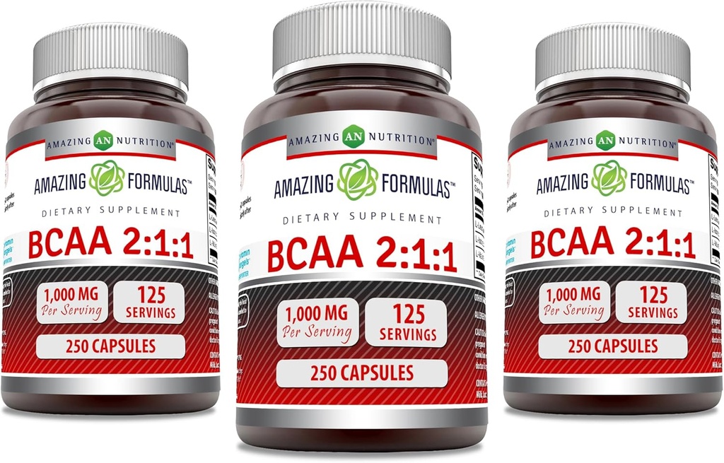 Formula harrigarriak BCA 2:1:1 1000 Mg Zerbitzu bakoitzeko | Kapsulak | Kate Aminoazidoen Gehigarria | Ez-GMO | Gluten-Free | Made in USA (3 Pack, 250 Count)