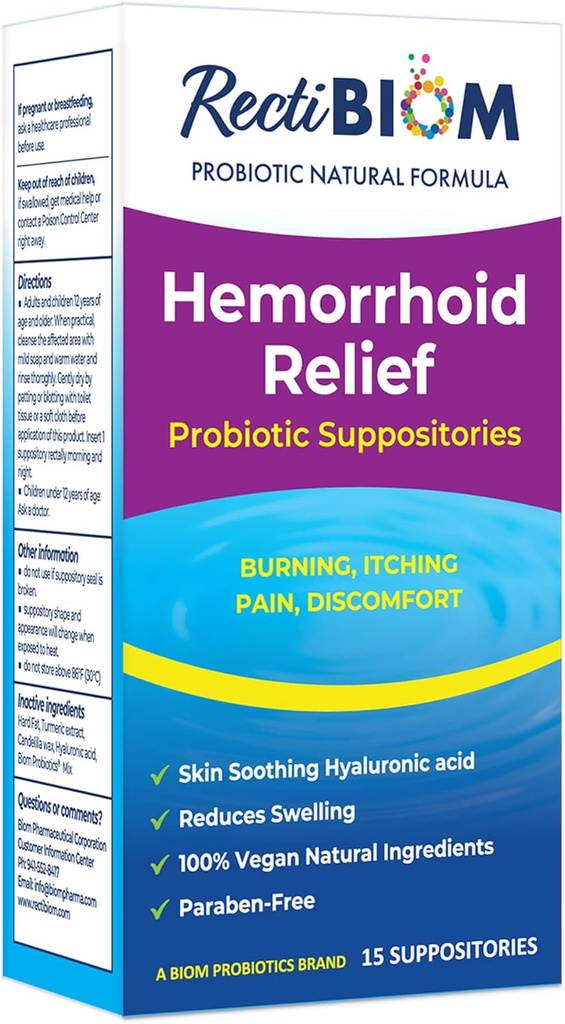 RectiBiom Probiotic Hemorrhoid Relief Suppositories med hud lugnande naturliga ingredienser, snabb lättnad. Hyaluronsyra och gurkmeja extrakt, Vegan, Glutenfri formulering