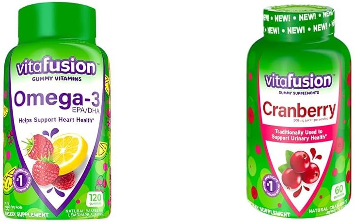 Vitafusie Omega-3 Hart Gezondheid Gummy Vitaminen met Cranberry Gummies voor vrouwen, 120 Graaf Omega 3 EPA/DHA Berry Lemonade en 60 Graaf 500mg Cranberry Juice Concentraat per Serving