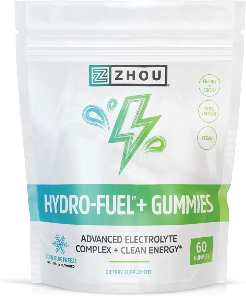 Zhou Nutrition Hydro-Fuel+ Gummier - Electrolyte Gummies for Hydration, Avanserte Chews med elektrolyter kompleks og 75 mg koffein for ren energi, Hydrating Supplement - 60 Vegan Chews