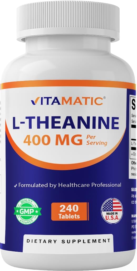 Vitamatic L-Theanine doplnok 400mg na obsluhu - 240 tabliet - non-GMO, lepok zadarmo