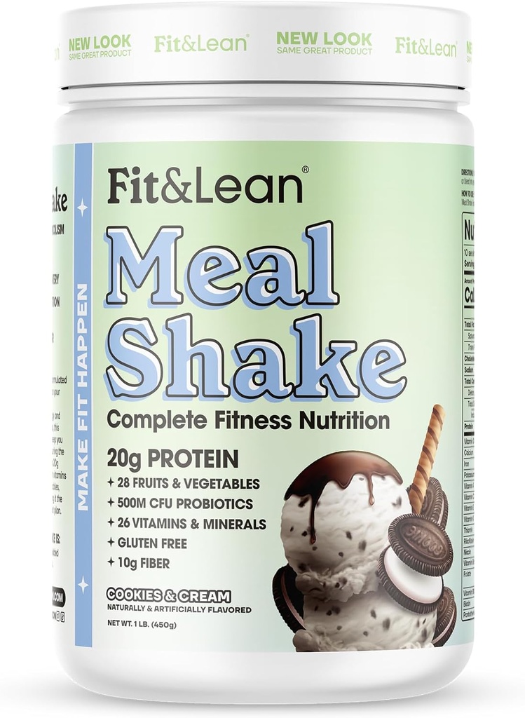 Fit & Lean Meal Shake, Заміна жиру, Meal Заміна з протеїном, волокна, пробіотиків та органічних фруктів та овочів, печива та крему, 1lb, 10 Посів на контейнер