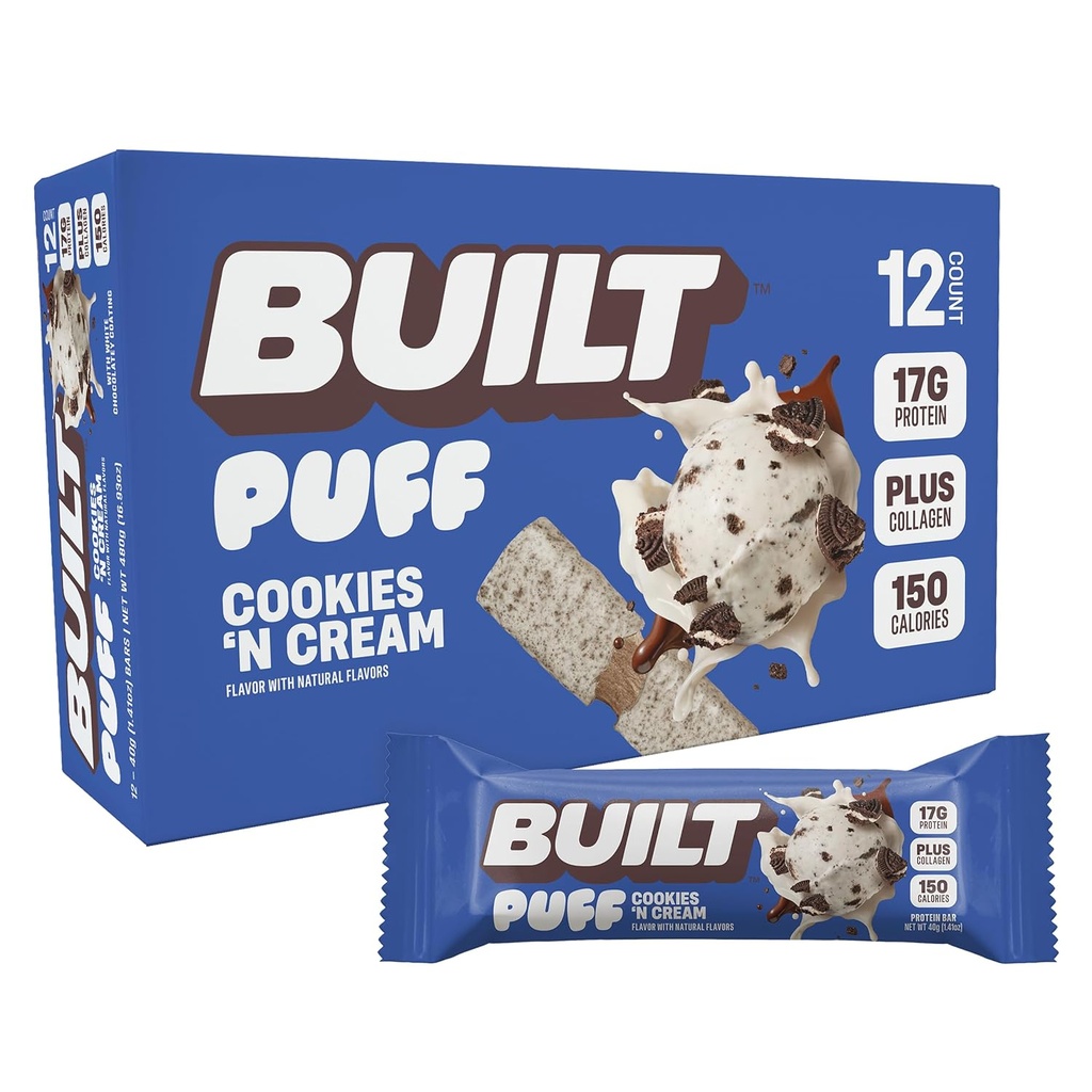 Taberna eraikia, Puff Protein Bars, Cookies 'N Cream Puff, 17g Protein Snacks, On-The-Go Bars, soilik 140 Calories, 7g Sugar, Collagen, Not Gluten Free, 12 Count