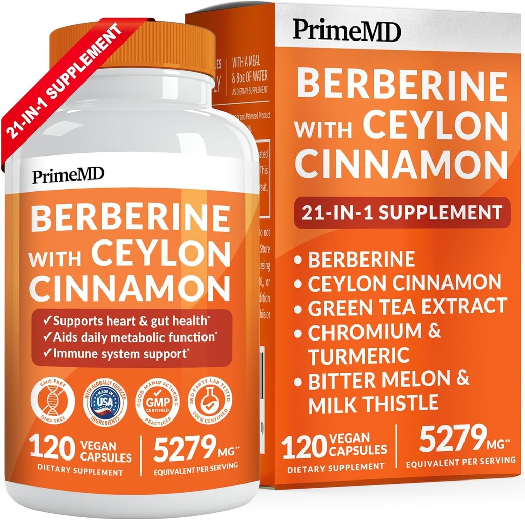 21-in-1 Berberine Ergänzung mit Ceylon Cinnamon mit Chrom, Bitter Melon und Grüner Tee-Extrakt und Schwarzer Pfeffer-Extrakt 5X für Energie und Stoffwechsel Unterstützung mit 5279 mg (120 ct, Packung 1)
