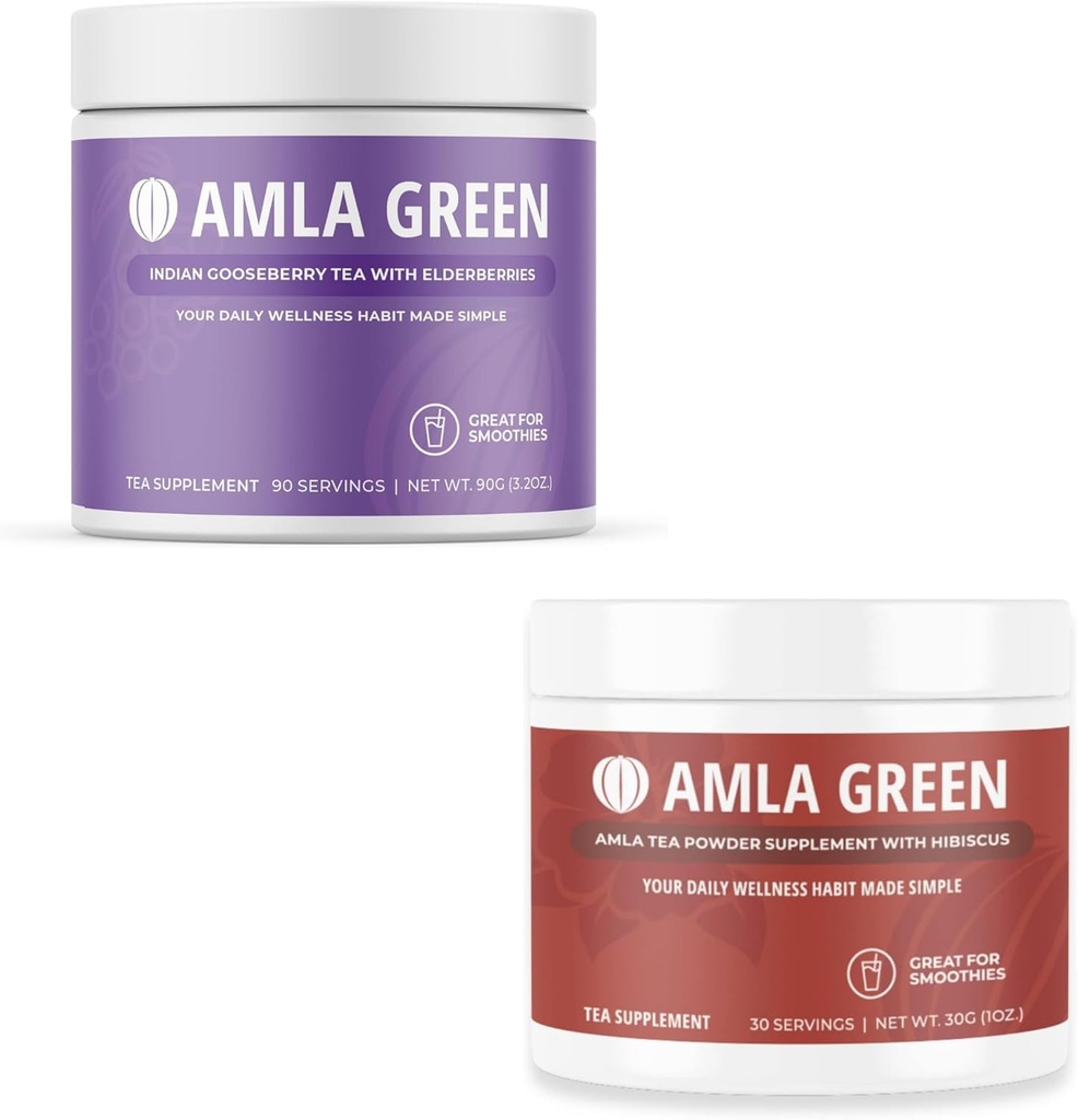 Amla Powder & Green Tea Superfood Supplement, Antioxidant Support, Made with Elderberries (90 сервировок) & Hibiscus (30 сервировок), Organic, Vegan