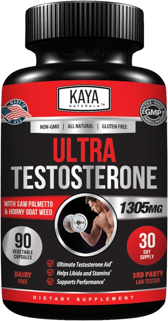 Kaya Naturals Ultra Testosterone - Booster di testosterone maschile con Tongkat Ali, arrapato Goat Weed, Tribulus - integratore naturale di allenamento per energia, Stamina e Booster di resistenza - 90 Conte