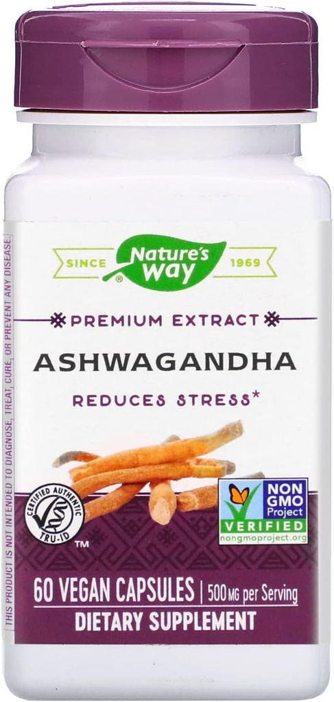Nature 's Way Ashwagandha, Reducerer stress *, Premium Extract, Adaptogen *, Non- GMO Project Verified, Vegan, 60 Kapsler