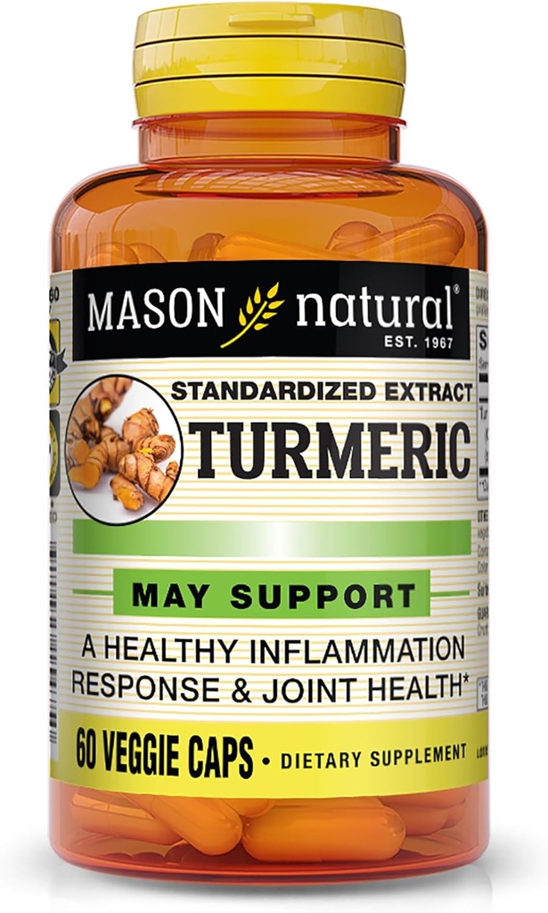 MASON NATIONAL Turmeric 500 mg, 95% Curcuminoids, Priedas bendros gerovės ir bendros paramos, 60 Plant-Based Veggie Capsules