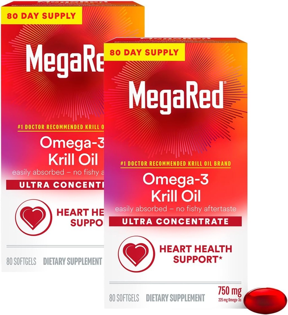 MegaRed Ultra Concentrate 750mg Omega-3 Krill Oil Fatty Acid Supplement met EPA/DHA, Antioxidant Astaxanthine, Geen Visolie Aftersmaak Ondersteunt Heart Health, 80 Count Softgels (2 Pack)
