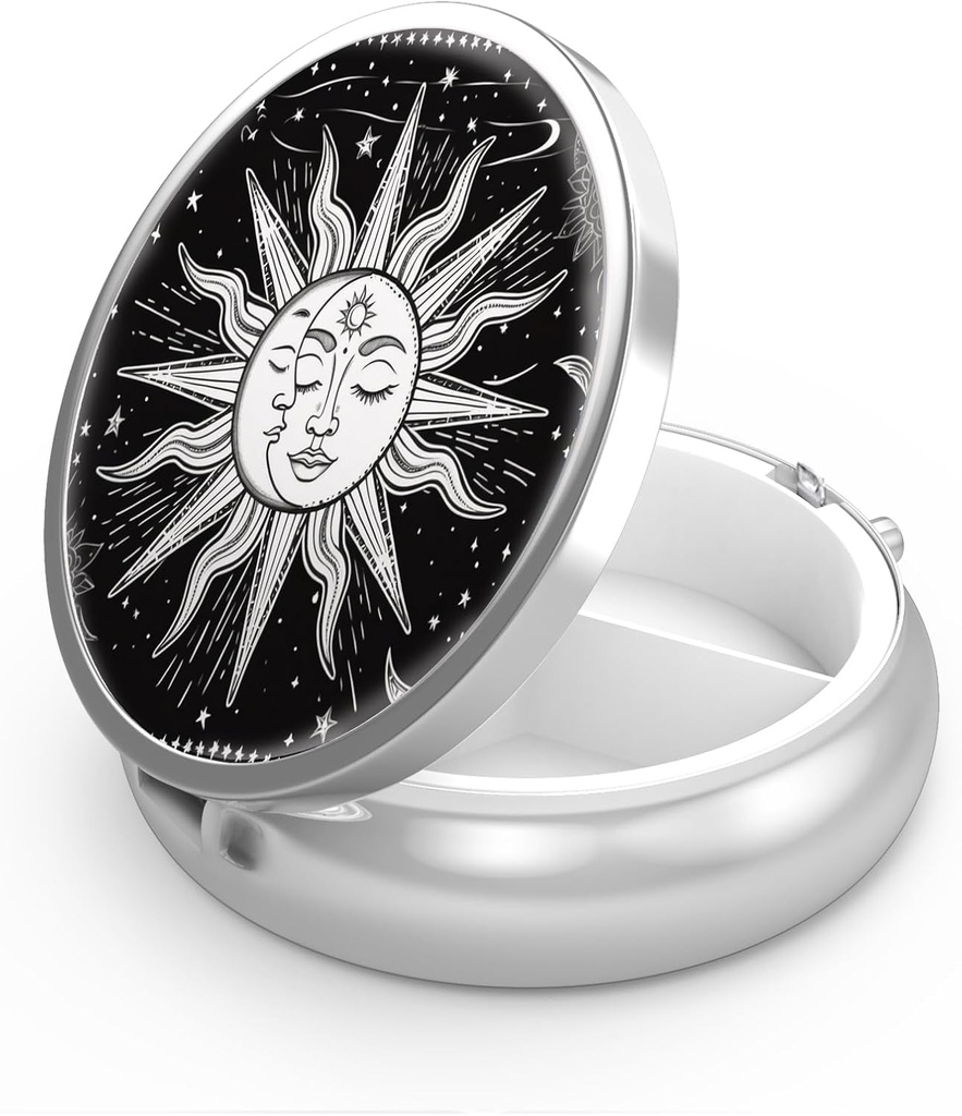 Pouzdro 3 Kompartment Small Pill Case, Přenosné pro kapesní nebo Purse Pill Pořadatel Pill Držák na držák vitaminy, léky, rybí olej a doplňky (Sun and Moon)