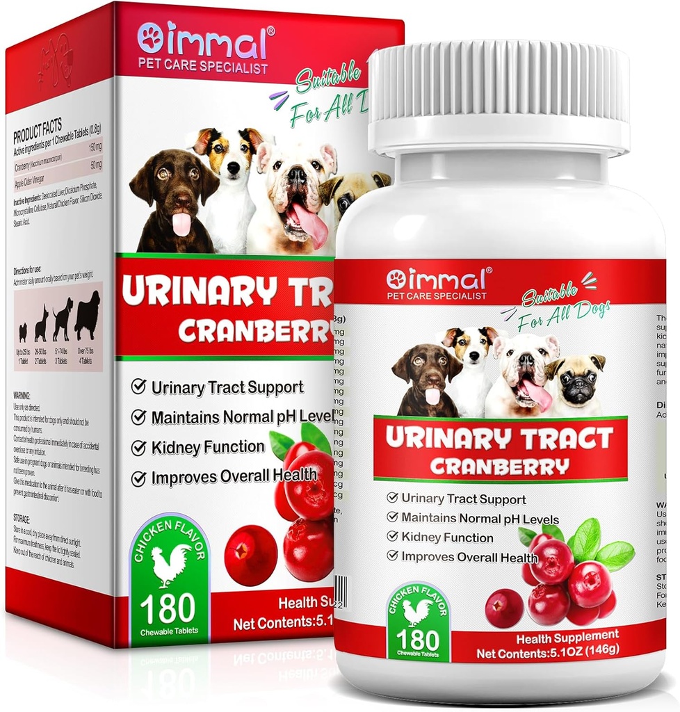 Cranberry txakurrentzat - 180 Cranberry gehigarri txakurrentzako mahaiak onartzen du Bladder Infekzioa, Dog Incontinence Support, Bladder Stone eta Dog UTI, Pet Supplement Treats Tablets for All Breeds Dogs & Ages