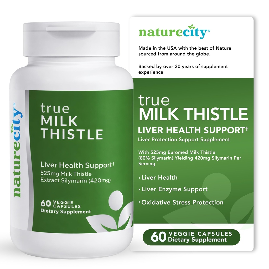 NatureCity TrueMilkThistle | Milk Thistle Supplement 525mg | Milk Thistle (80% silymarin) containing 420mg of Silymarin | Antioxidant Support | Liver Support Supplement | 60 Veggie Capsules