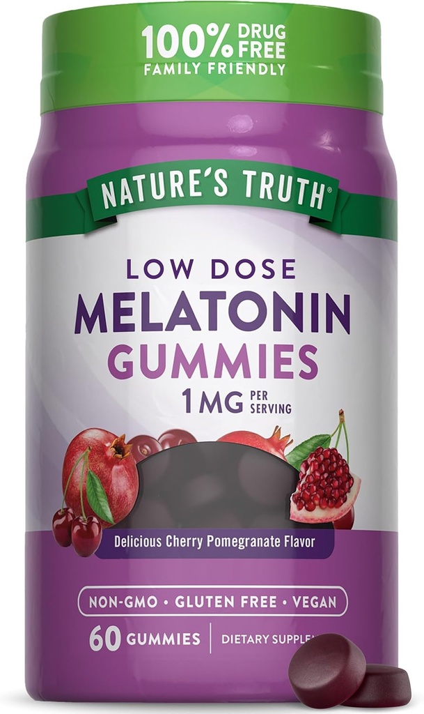 Naturens Sanning Melatonin Gummies | 1mg | 60 greve | Cherry Pomegranat smak | Vegan, icke-GMO & Gluten fri tillägg