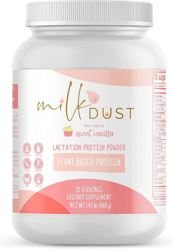 Milk Dust Lactation Protein Powder for Breastfeeding Moms, 16g Protein, Vegan Pea Protein, Dairy-Free, Supports Milk Supply & Energy, Vanilla, 660g, 22 Servings