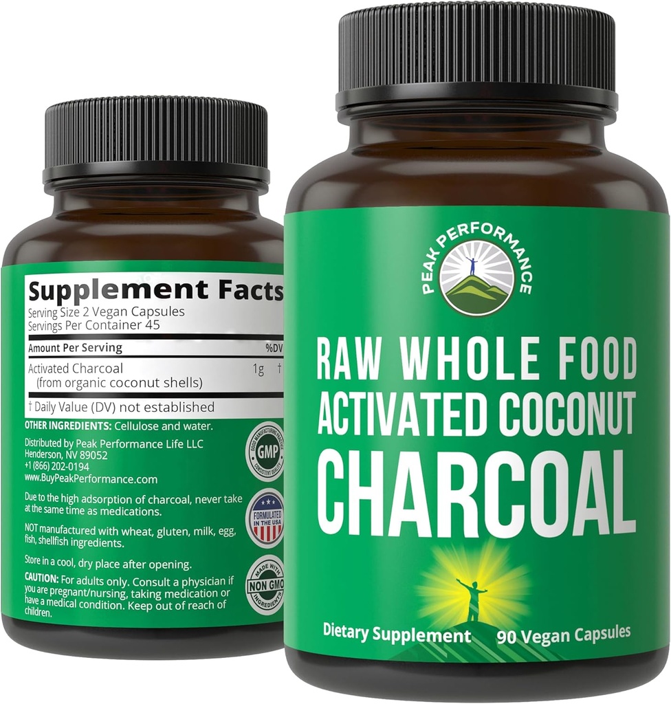 Peak Performance aktif Charcoal Vegan Capsules from Wild Harvested Coconut Shells. Detox için en iyi Güvenli Charcoal Pills Supplement, Gas Relief, Bloating. for Men and Women 90 All Natural Tablets