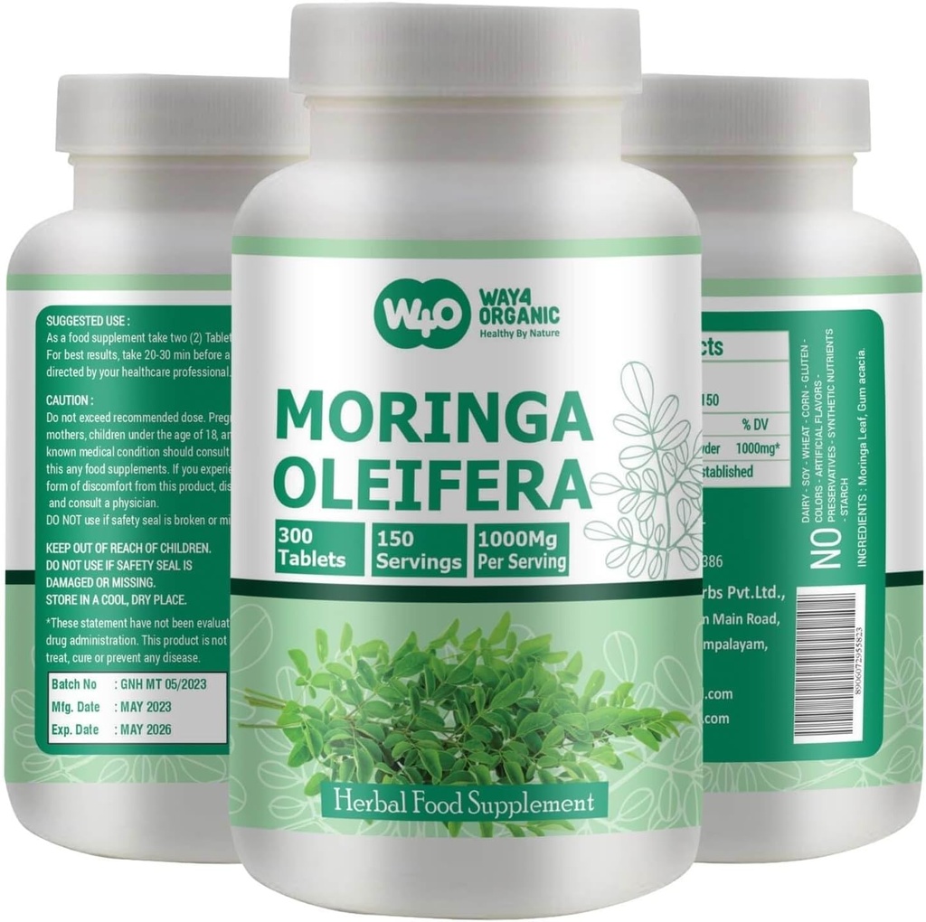 Moringa Leaf Powder Capsules (Tablets) - 300 pilleriä, 150 tarjoilua, 1000 mg (1 pakkaus)
