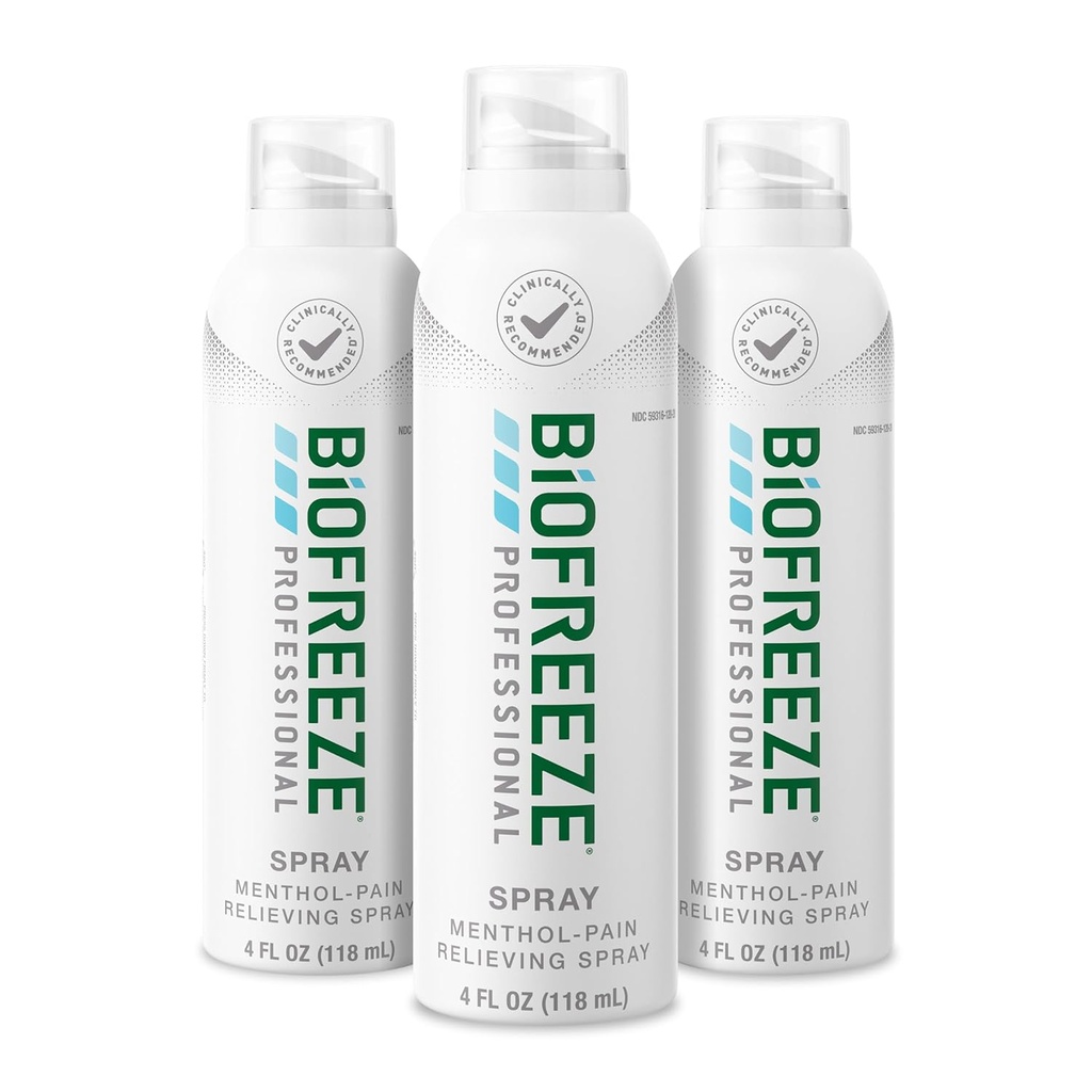 Biofreeze Professional Pain Relief Spray for Knee, Neck, Hip, Joint, Ramender, & Simple Backache, Artritis Pain Reliever, Sure Muscle Relief, Barevné Menthol Spray 4 Fl Oz (balení po 3)