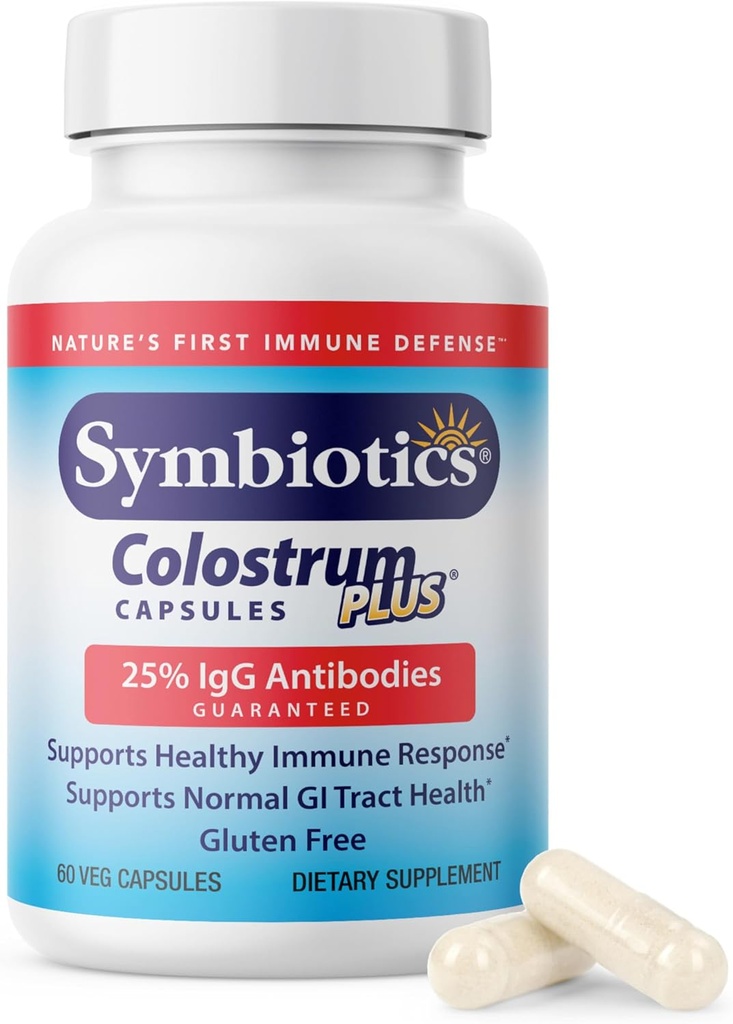 Symbiotics Colostrum 60ct Capsules vexetais - Apoio á inmunidade - suplemento de lactoferrina e proteína colostrum con inmunoglobulina - 25% lgG Anticorpos - Gluten Free