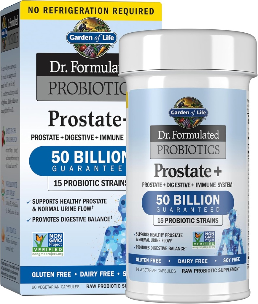 Probiotiko formulatuak Prostate+ - Acidophilus eta Probiotikoen sostengu osasungarriak Prostate eta Digestive Balance - Shelf Stable - Gluten, Dairy eta Soy-Free - 60 Vegetarian kapsulak